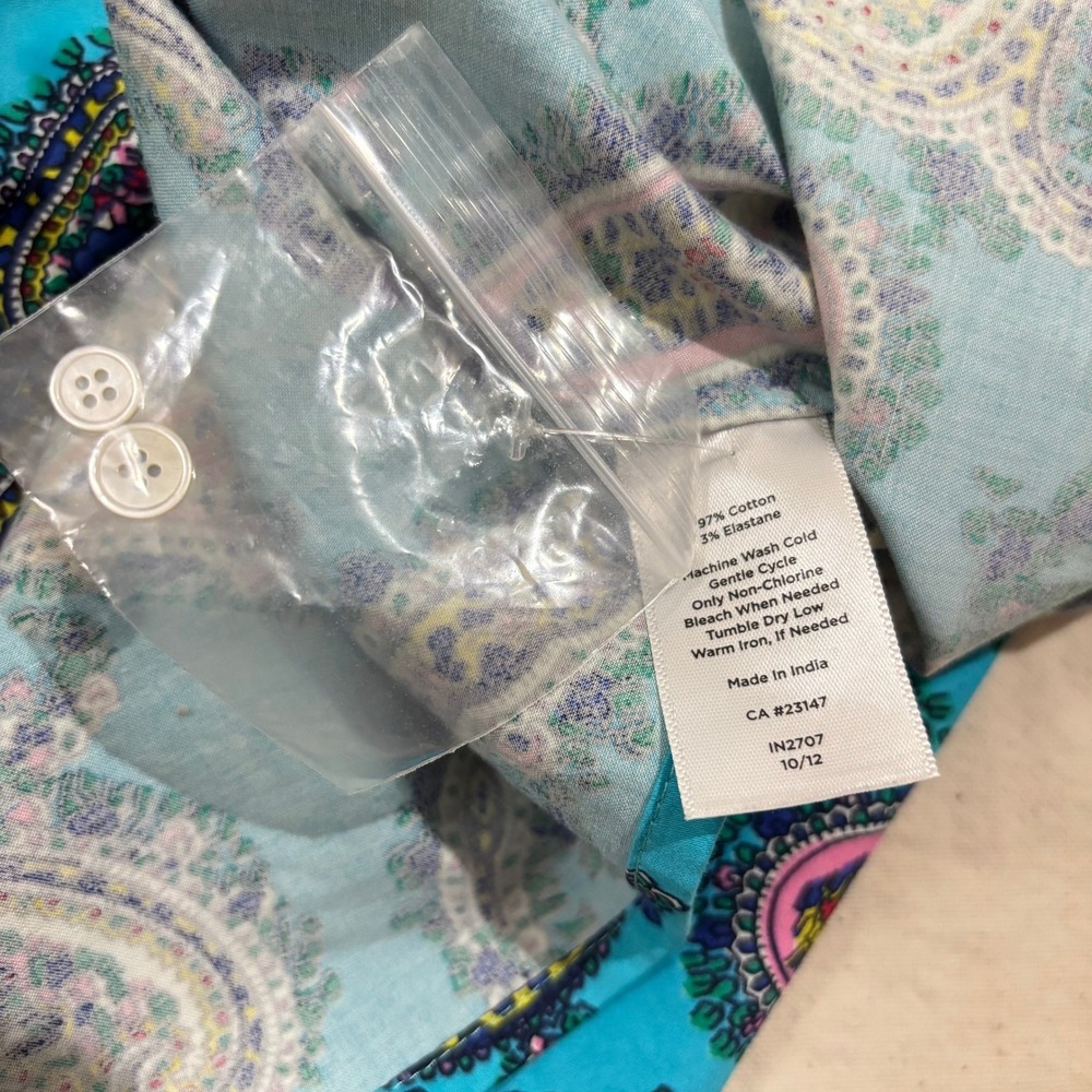 Talbots NWOT 1X Turquoise Blue Paisley Cotton Stretch Button Down Shirt Blouse - Picture 5 of 7